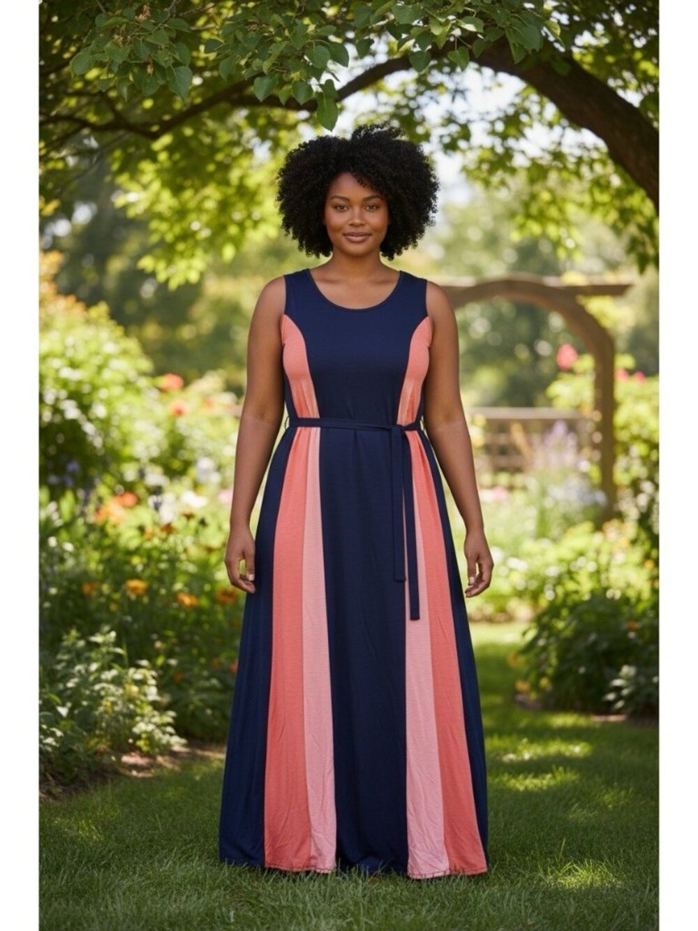 Jessica London Scoop Neck Navy Sunset Color Block Tank Maxi Dress Size 14W